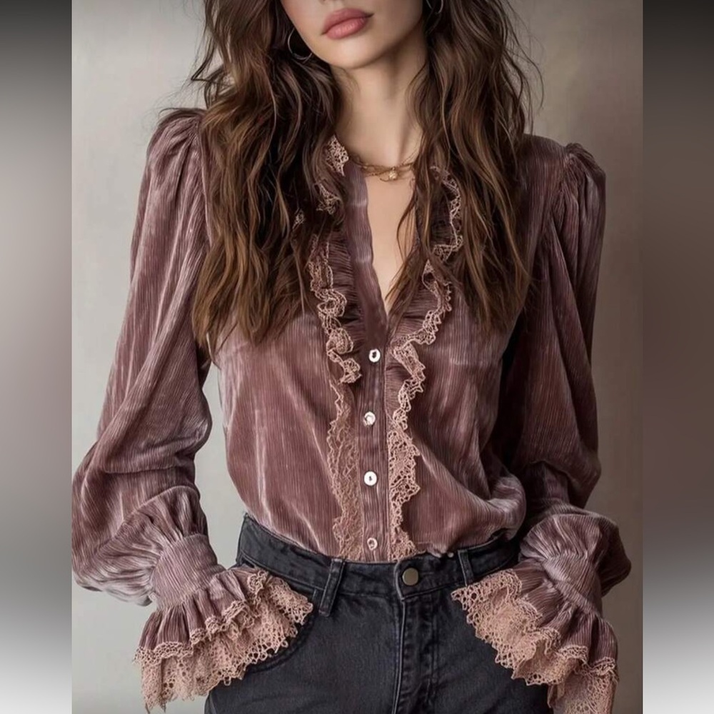 Luxe pink velvet lace ruffle detail blouse